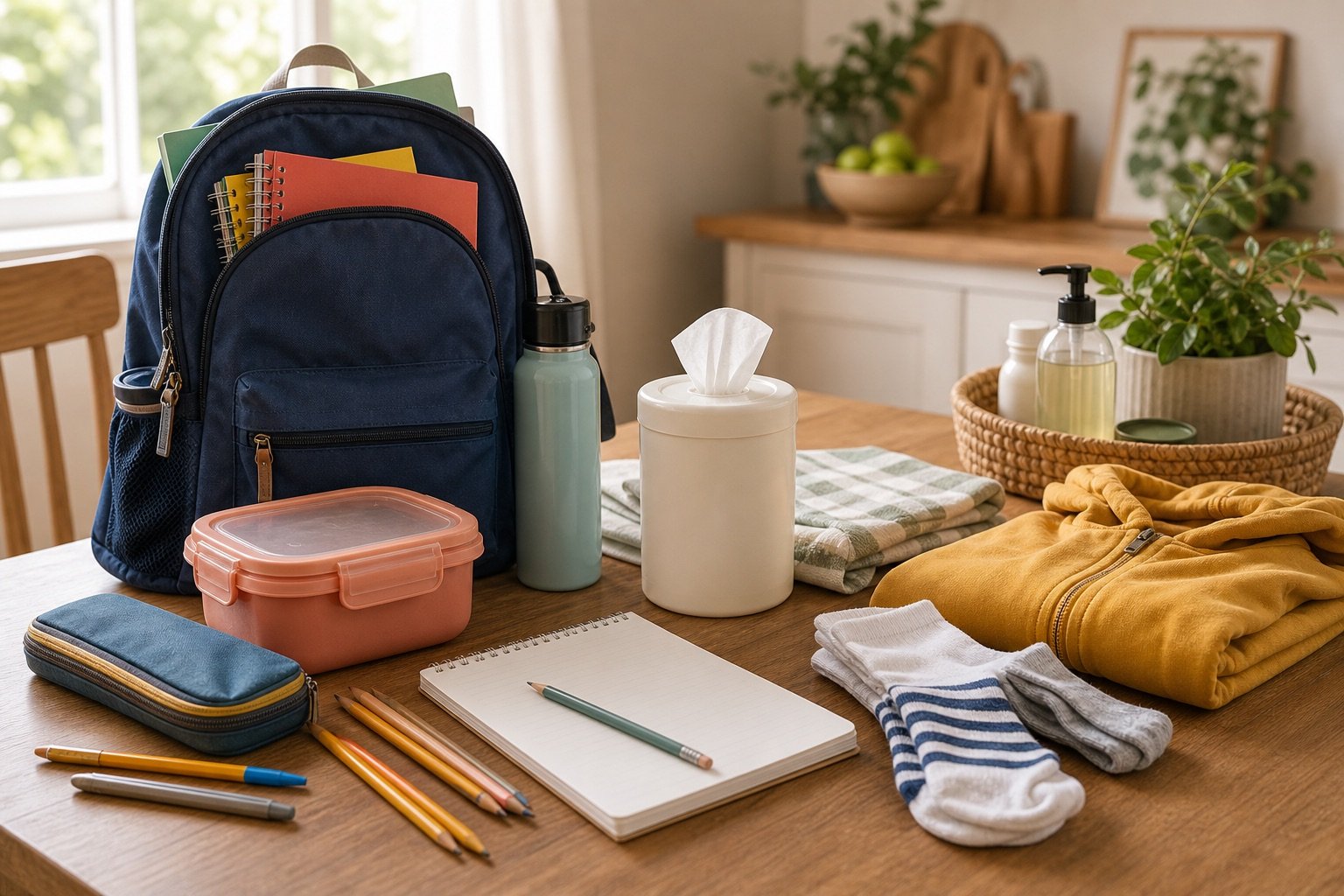 A family weekly restock table with a backpack, lunch containers, pencils, socks, and household basics