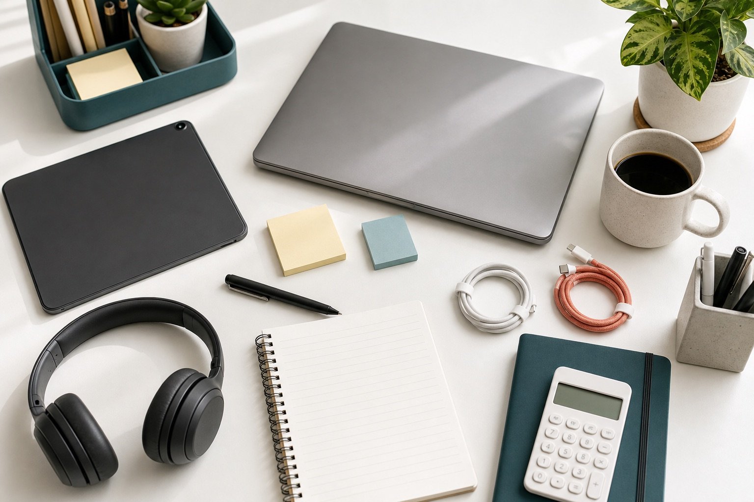 A clean desk with laptop, tablet, headphones, cables, calculator, and comparison notes