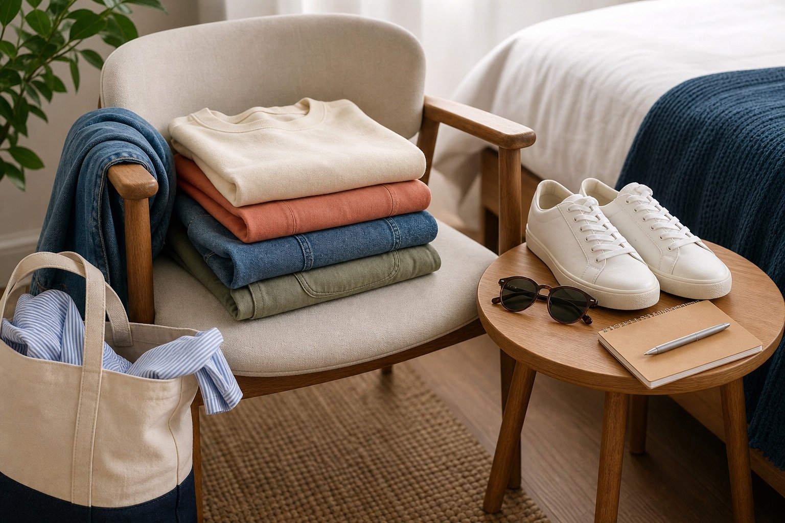 Folded wardrobe basics, clean sneakers, a tote bag, and sunglasses in a tidy bedroom