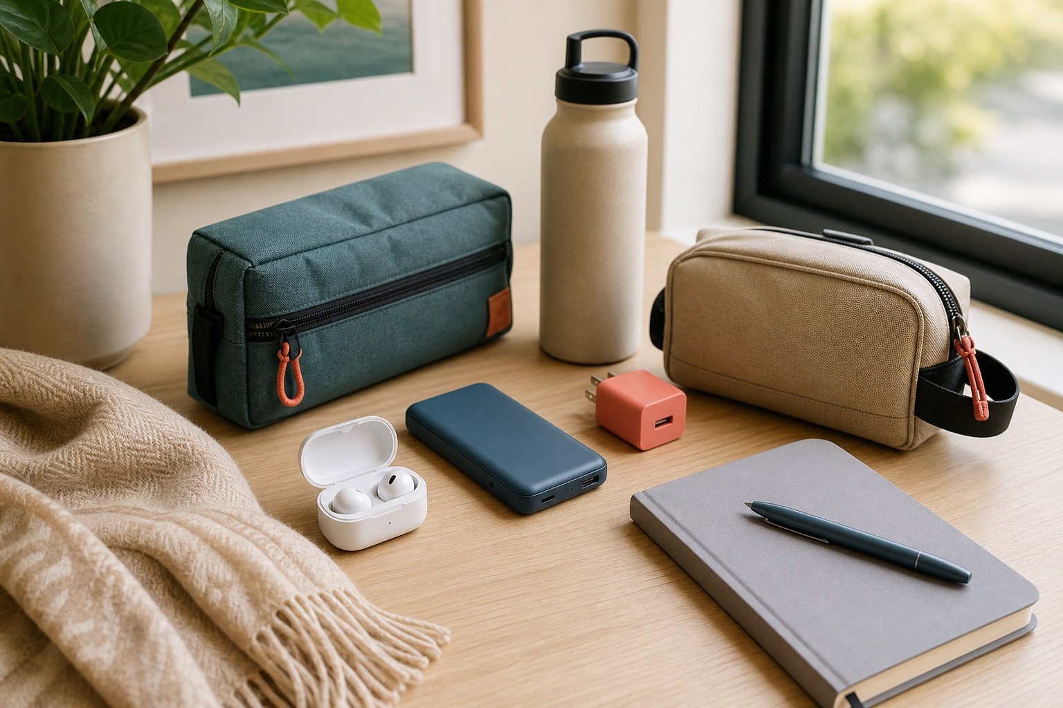 A tidy desk with travel tech, earbuds, a portable charger, and a notebook