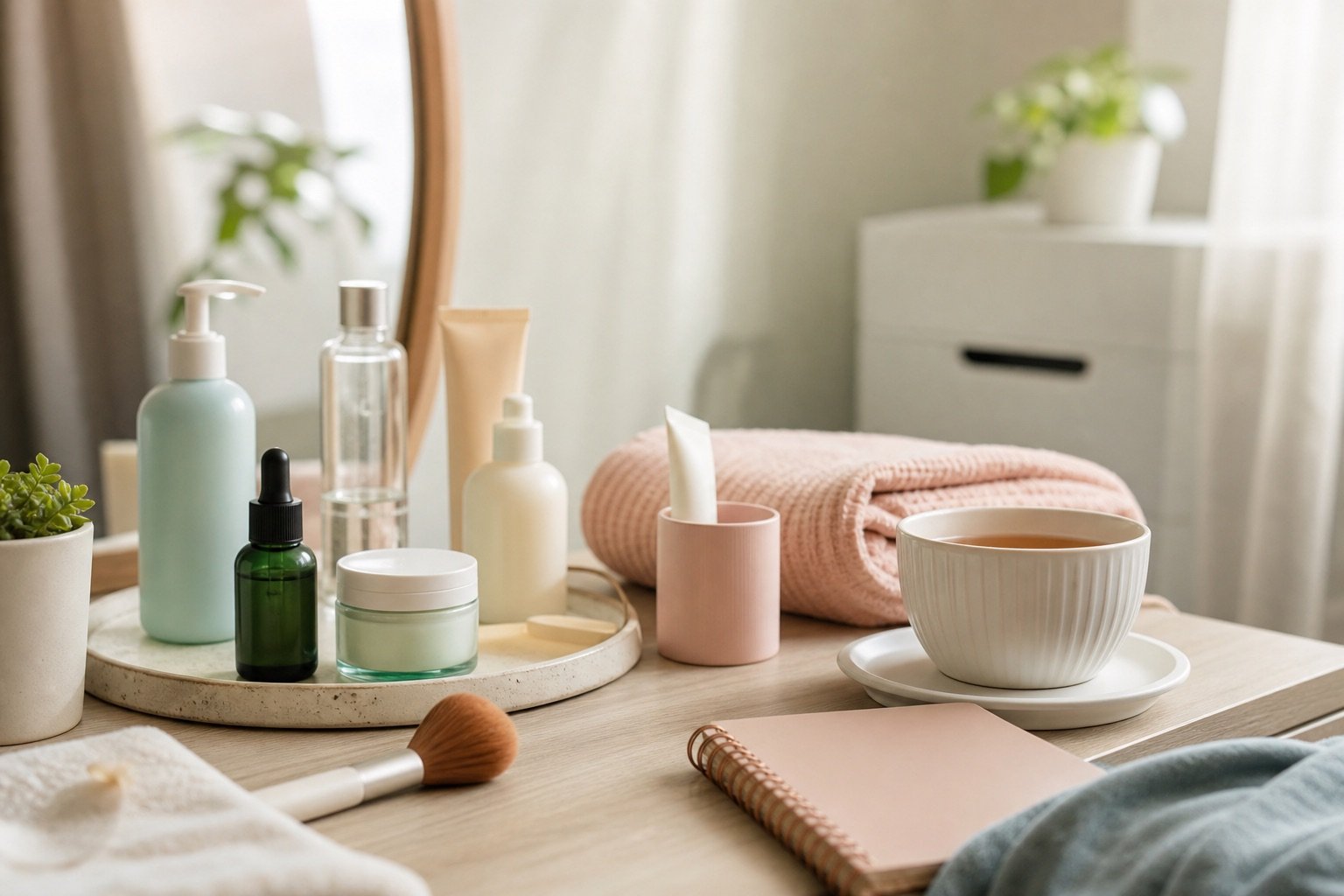 Skincare and beauty products arranged beside a restock notebook